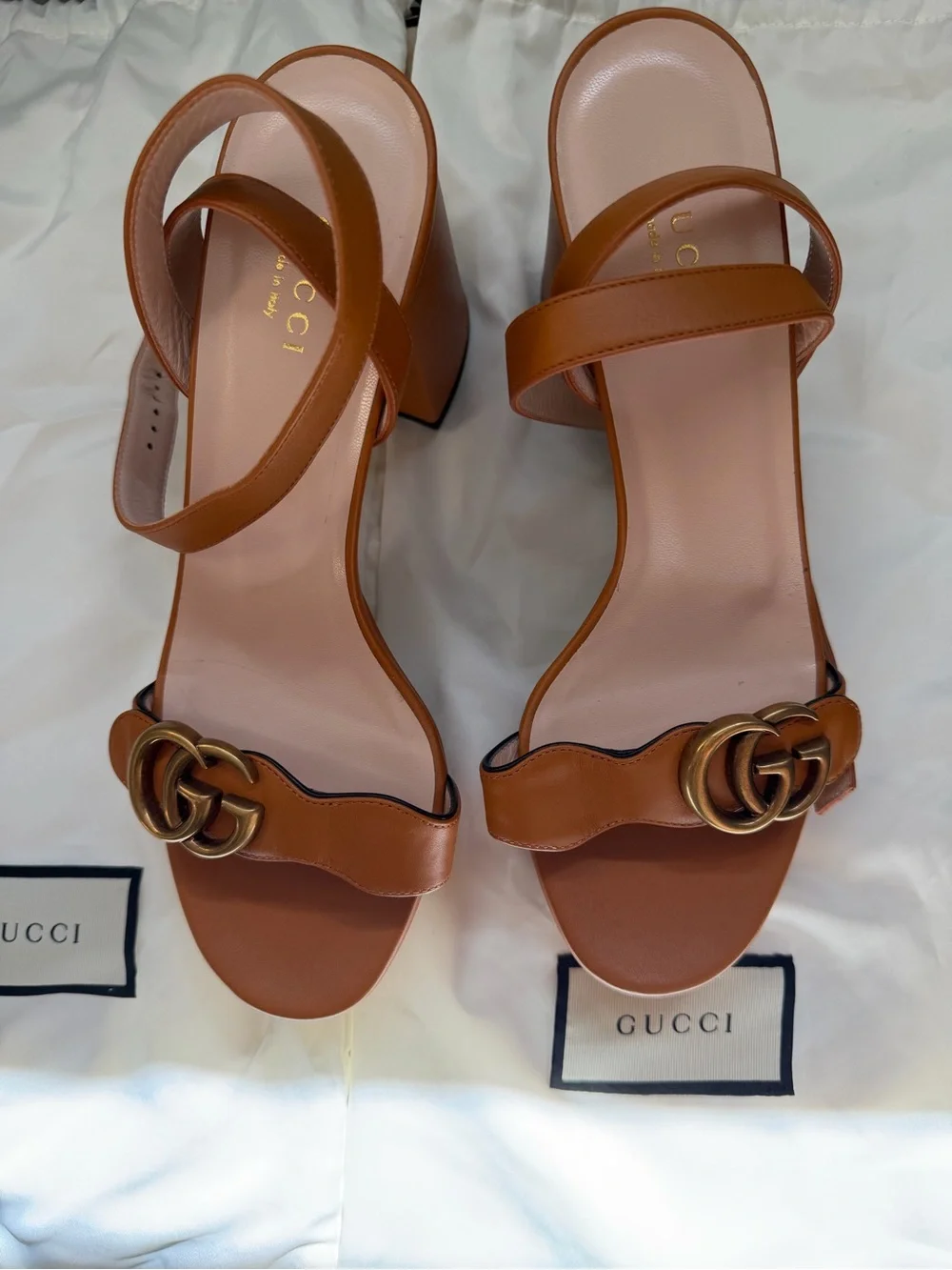 Tan Leather Block Heel Sandals - Women's
